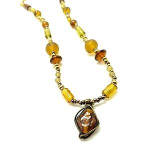 Topaz-Amber Glass Beaded Necklace with Gold-tone beads